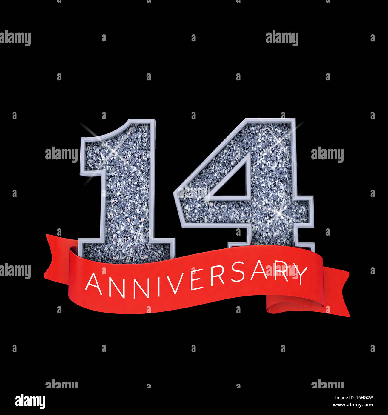 Number 14 silver sparkling anniversay celebration banner. 3D Render Stock Photo