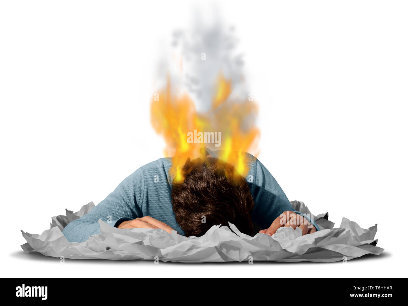 Business burn out as an overworked employee exhausted with career burnout as a work concept for overloaded workers as a composite. Stock Photo
