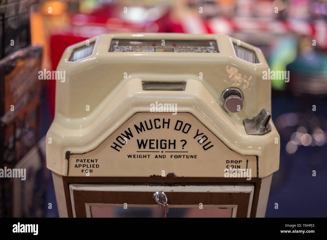 Public White Weight Scale and Fortune Teller. Stock Photo