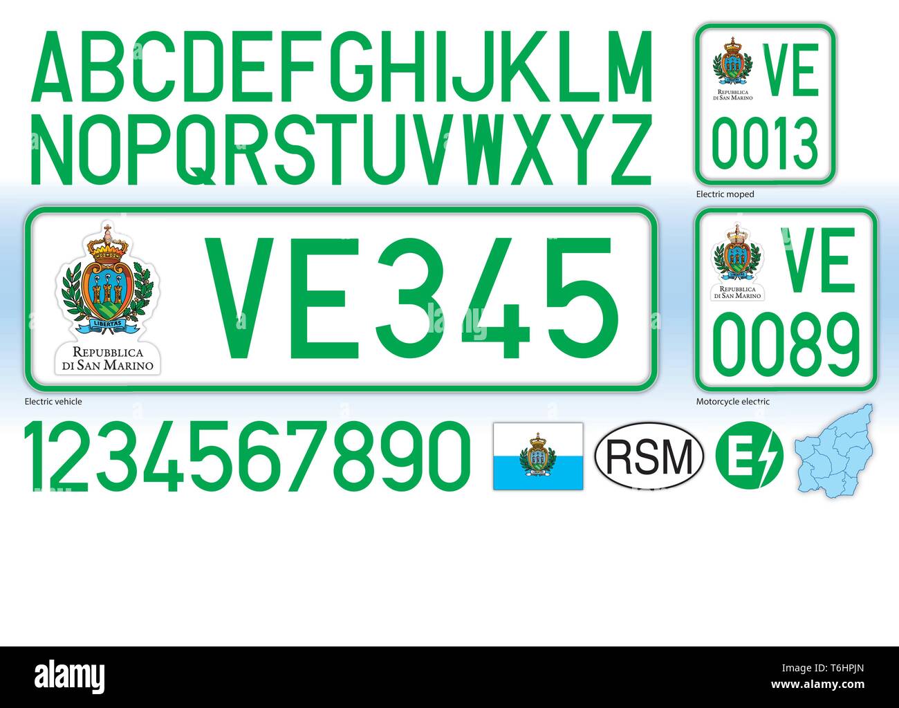 Republic of San Marino electric car license plate, letters, numbers and