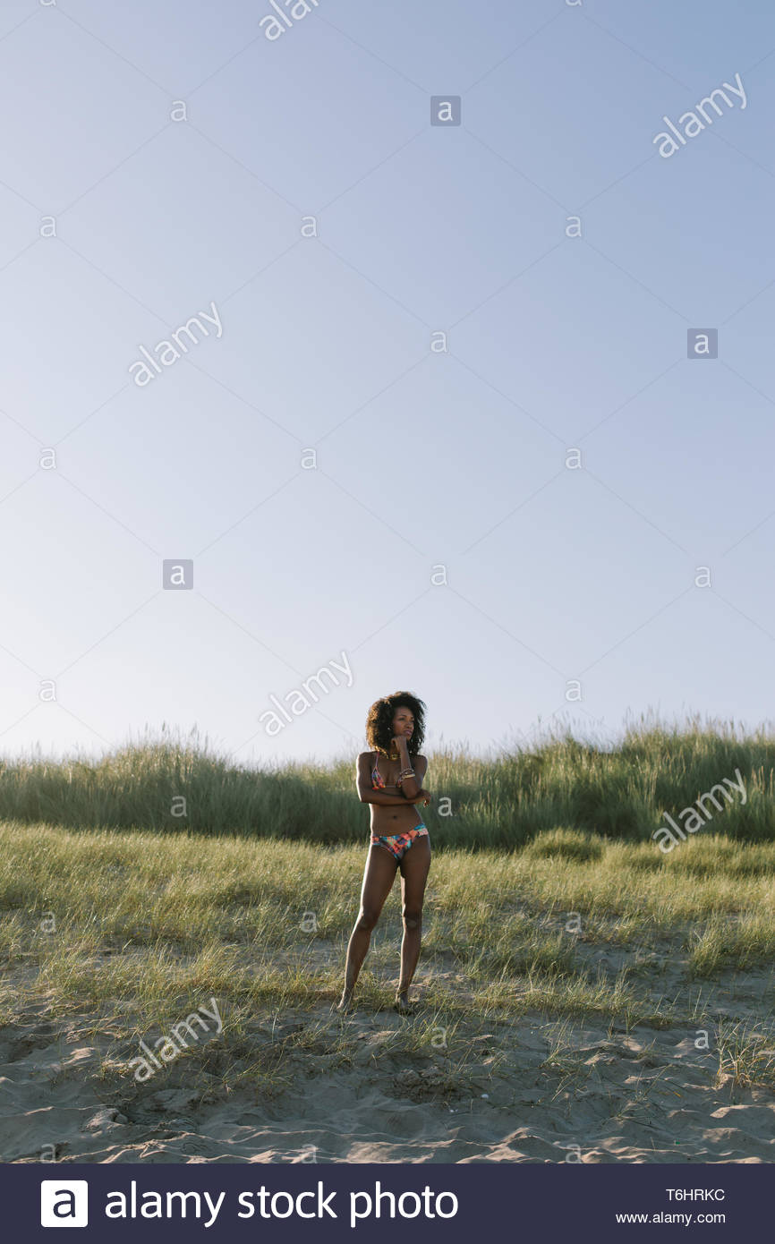 Young Beautiful Black Woman Wearing Fashionable Bikini On Summer