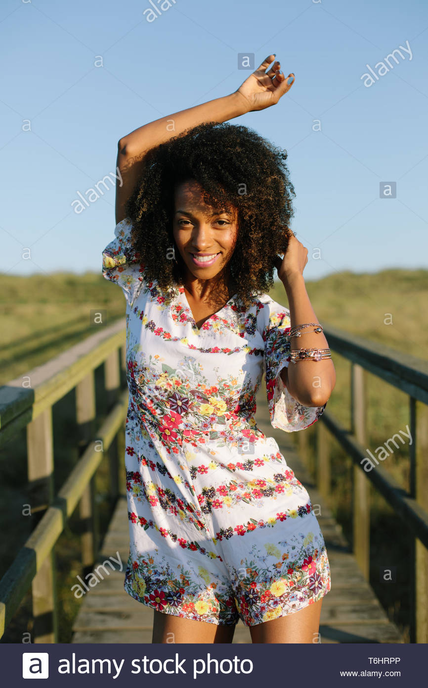 Joyful Woman On Spring Or Summer Outdoor Relaxing Leisure Afro