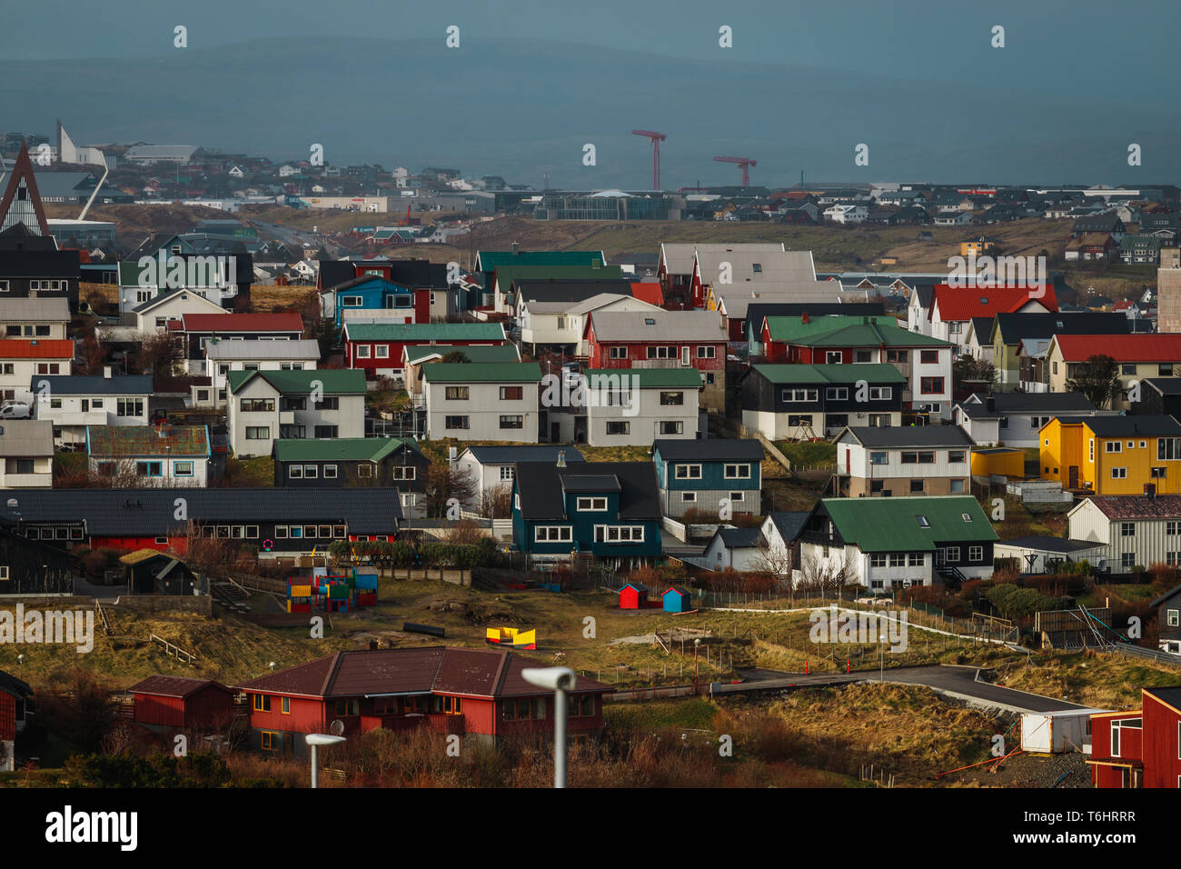 Picturesque colourful houses in the city of Tórshavn, the capital of the Faroe Islands during sunset after heavy rain (Faroe Islands, Denmark, Europe) Stock Photo