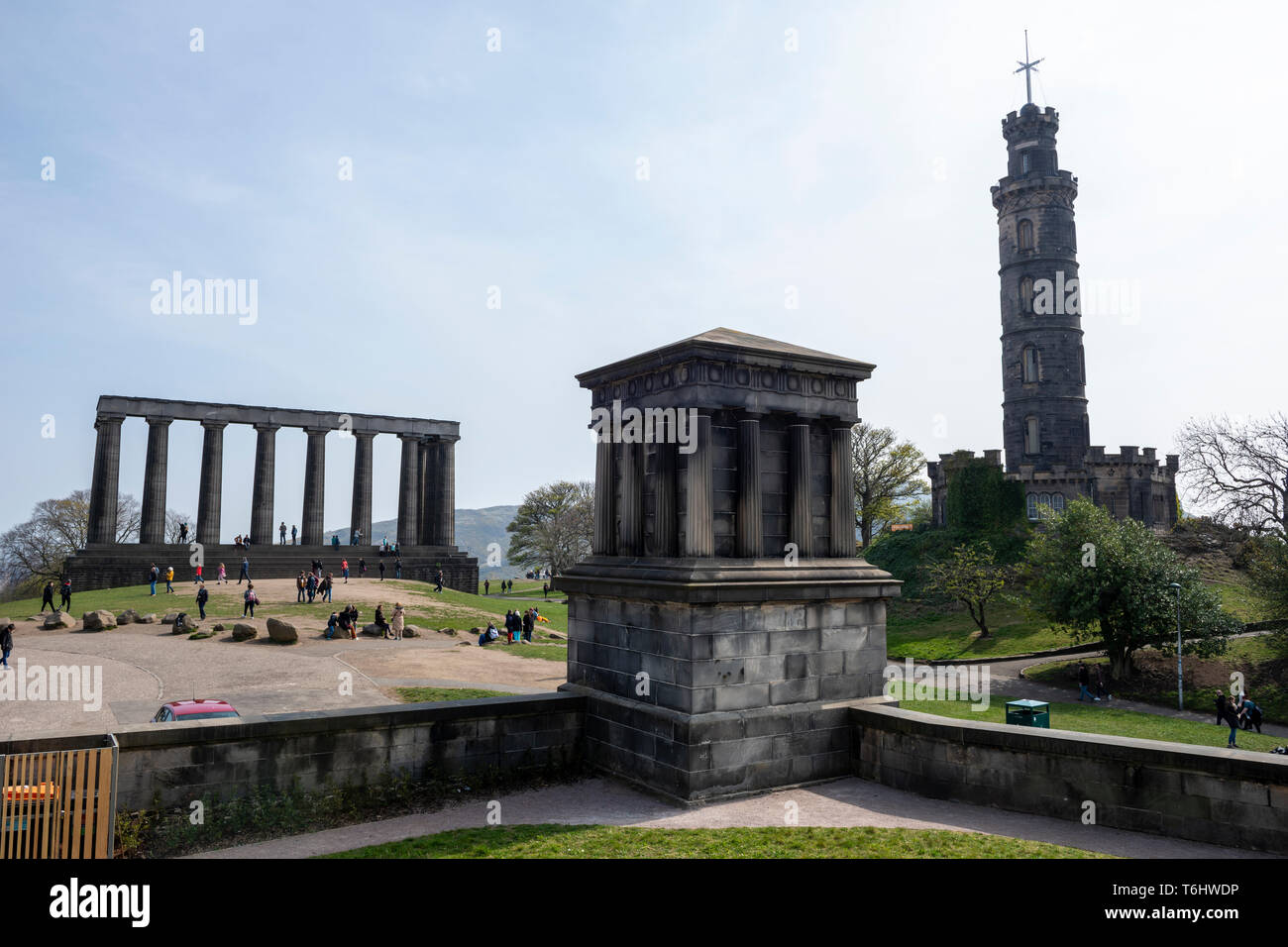 National Monument of Scotland, Playfair Monument and Nelson’s Monument from the City Observatory on Calton Hill, Edinburgh, Scotland, UK Stock Photo