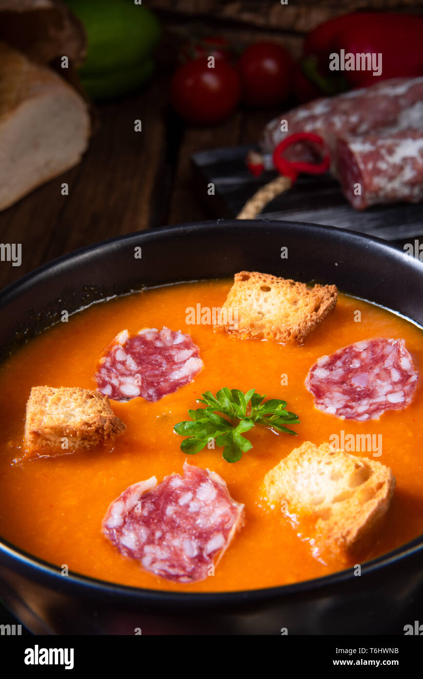 Hungarian paprika cream soup with spicy sausage Stock Photo Alamy