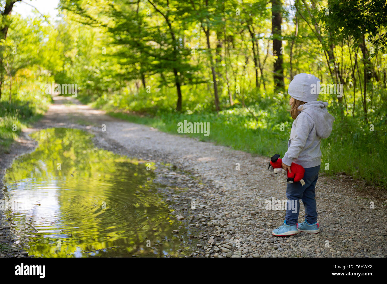 Toddler girl on woodland unpaved road watching a big puddle and holding a red plush toy Stock Photo