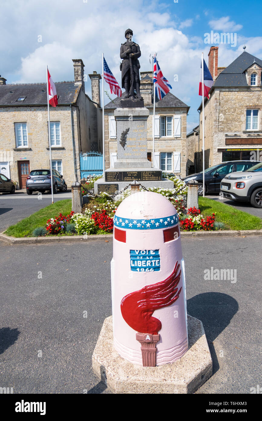Normandy, France - August 16, 2018: Memorial of fallen in First and Second World War and war in Indochina. Saint Marie du Mont, Normandy, France Stock Photo