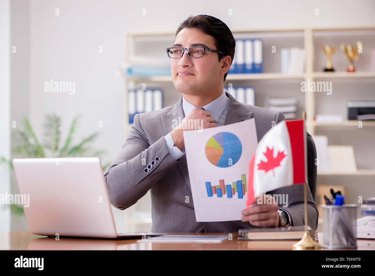 Businessman with Canadian flag in office Stock Photo - Alamy