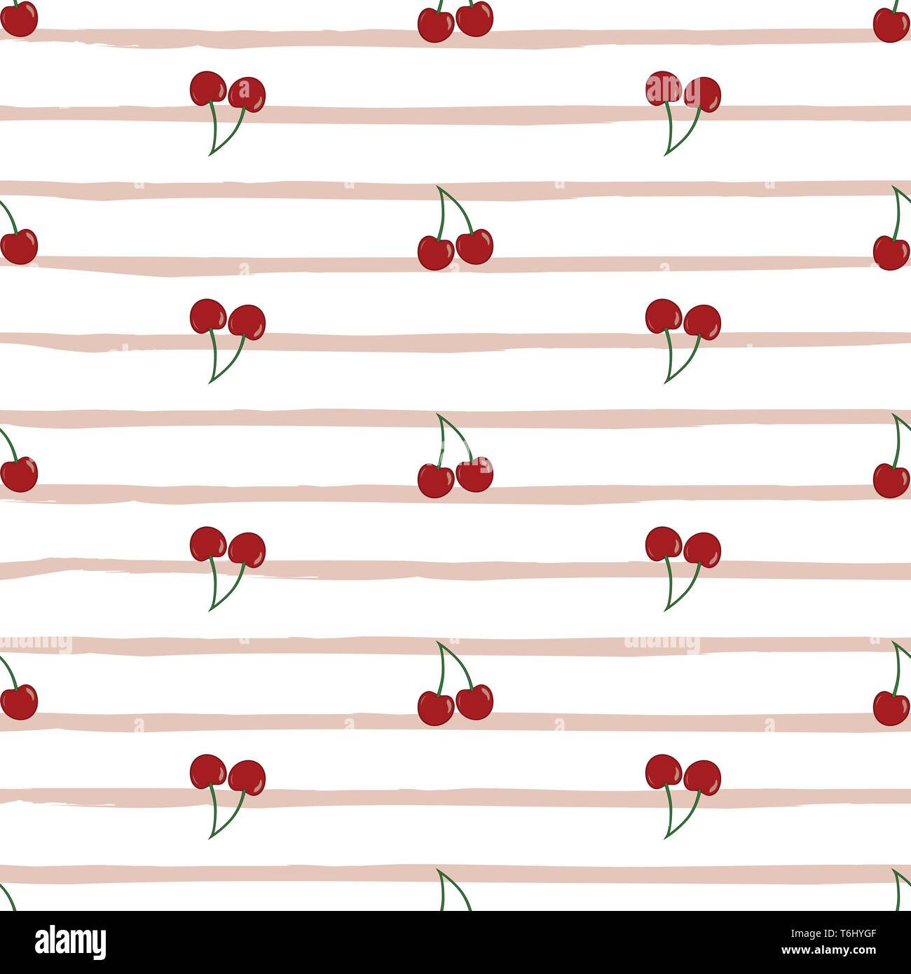 Vector seamless pattern with cherries on pink striped bachground. Stock Vector