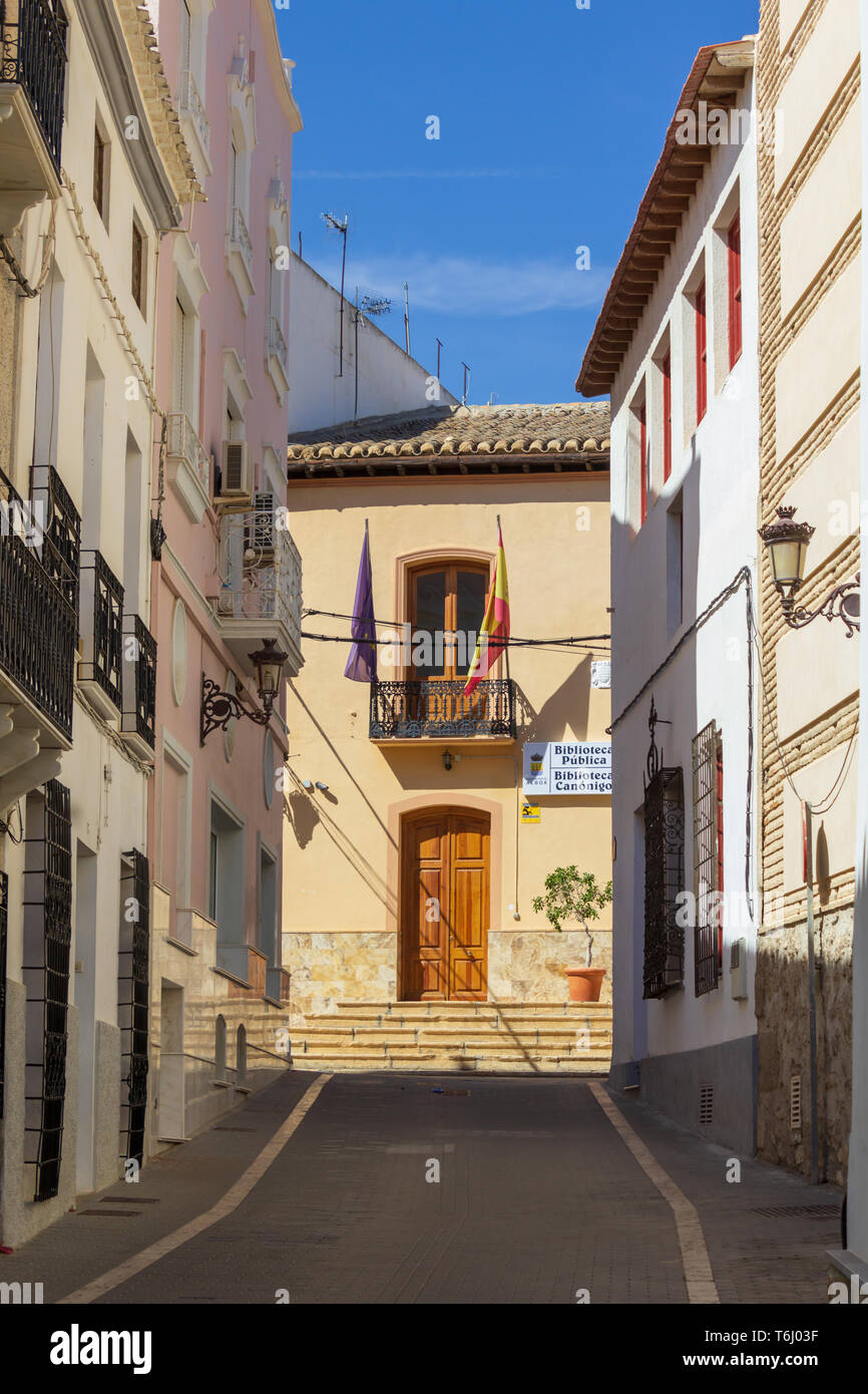 Narrow Street Leading to the Library in Albox a Small Rural Town in Almanzora Valley, Almeria province, Andalucía, Spain Stock Photo