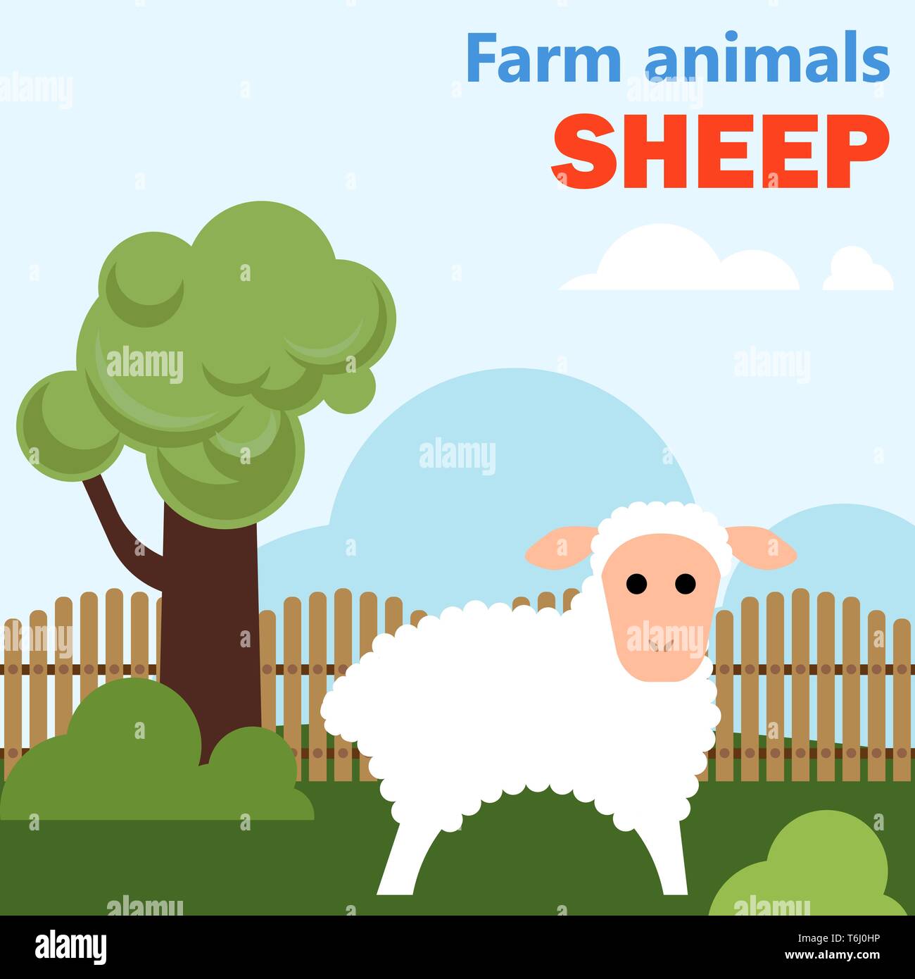 The Farm animal sheep on peaceful meadow with grass and tree. Educational flashcard for teaching preschool in kindergarten. Colorful flat cartoon styl Stock Vector