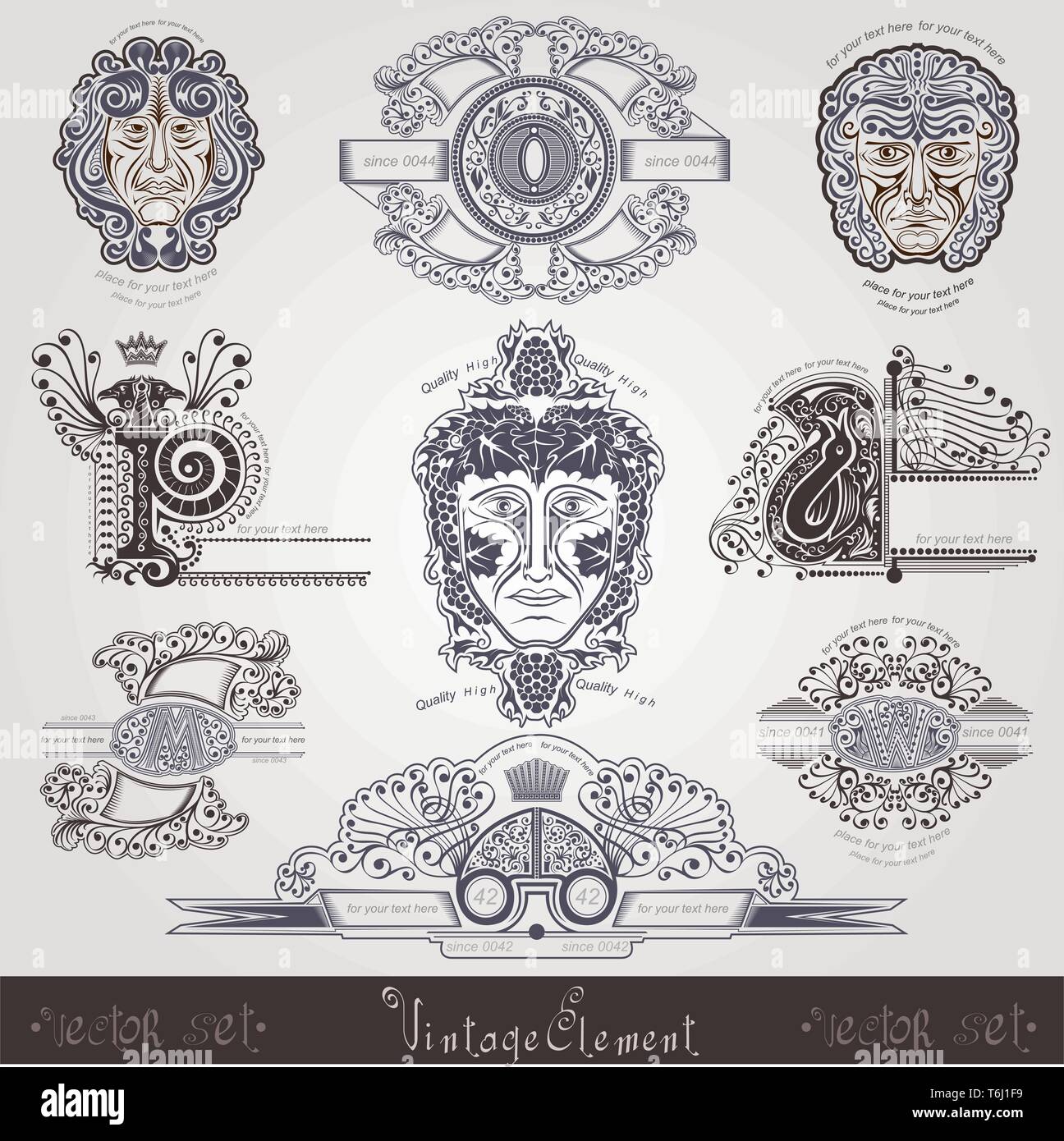 Vinage Element Set With Capital Letter Face Banner Stock Vector