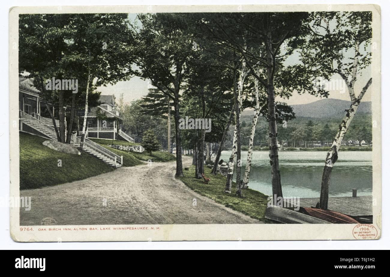 Detroit Publishing Company vintage postcard of Oak Birch Inn on Alton Bay, Lake Winnipesaukee, New Hampshire, 1914. From the New York Public Library. () Stock Photo