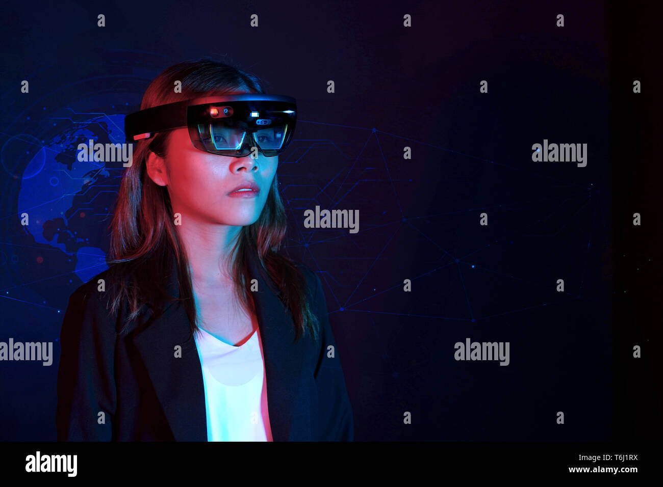 Business woman try vr glasses hololens in the dark room Portrait of
