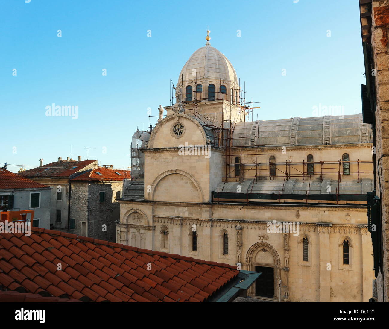 Cathedral of St. James in Croatia with construction site. Cathedral is in gothic and renaissance architecture. Stock Photo