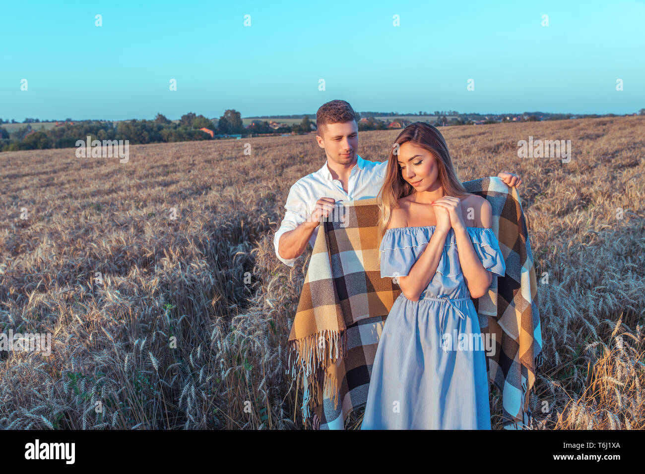 Happy Young Couple Man And Woman Summer Covering Rug Wheat Field Outdoor Recreation In Village Emotions Tenderness Care Affection Love Stock Photo Alamy
