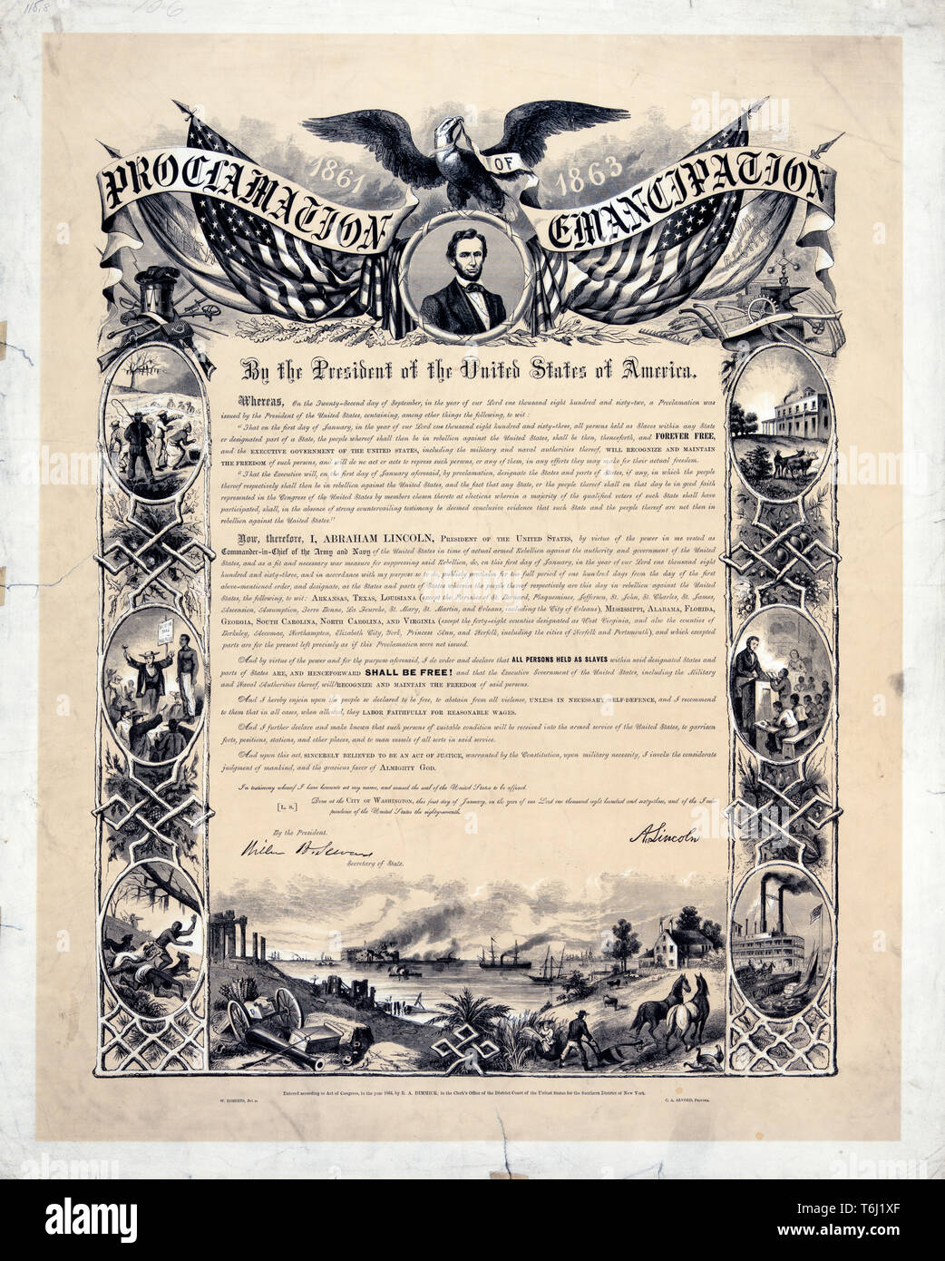 Emancipation Proclamation document, January 1st 1863 by the President of the United States of America showing text with illustrations, published 1864 Stock Photo