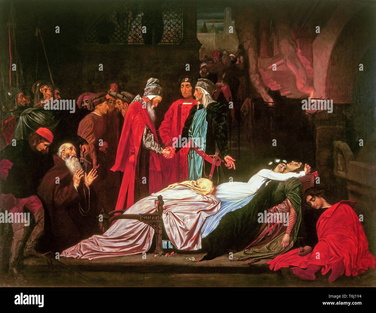 The Reconciliation of the Montagues and the Capulets over the Dead Bodies of Romeo and Juliet, painting by Frederic Leighton, 1st Baron Leighton, circa 1850s Stock Photo