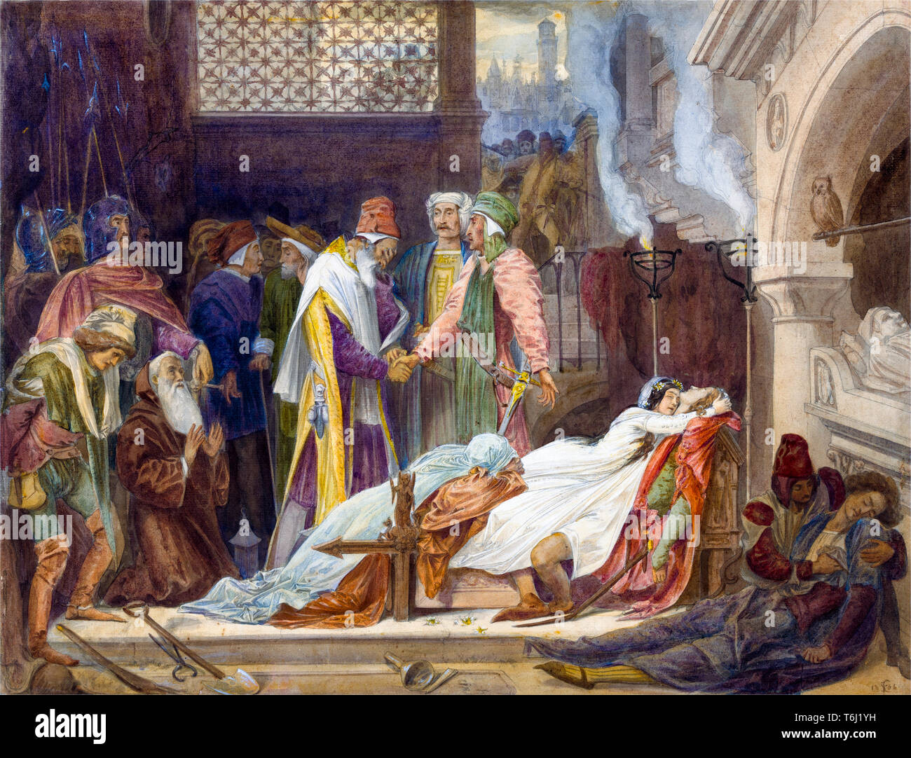 The Reconciliation of the Montagues and Capulets over the Dead Bodies of Romeo and Juliet, painting by Frederic Leighton, 1854 Stock Photo