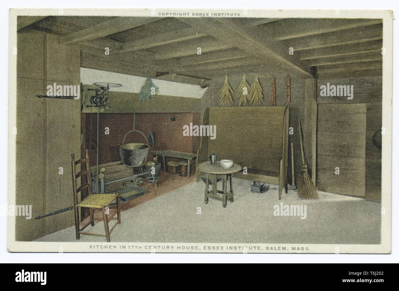 Detroit Publishing Company vintage postcard of a kitchen in a seventeenth century house in Essex Institute, Salem, Massachusetts, 1914. From the New York Public Library. () Stock Photo