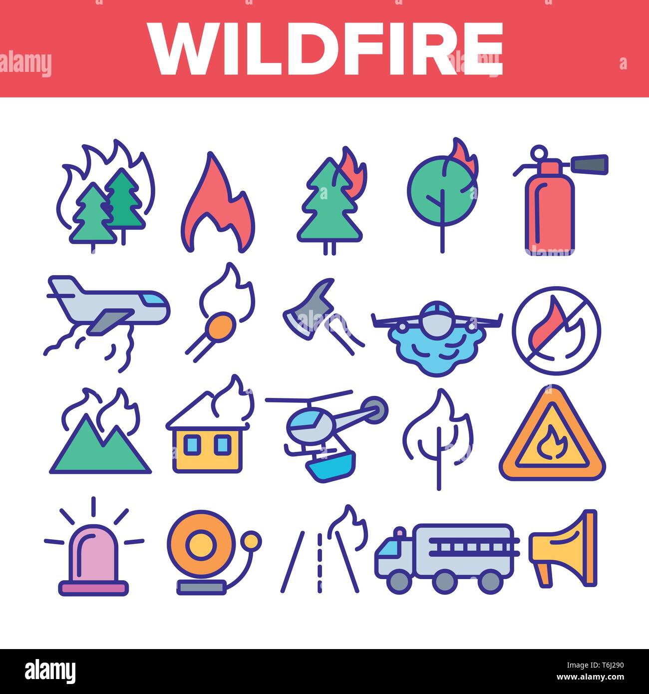 Wildfire, Bushfire Vector Icons Set. Wildfire, Natural Disaster Linear ...