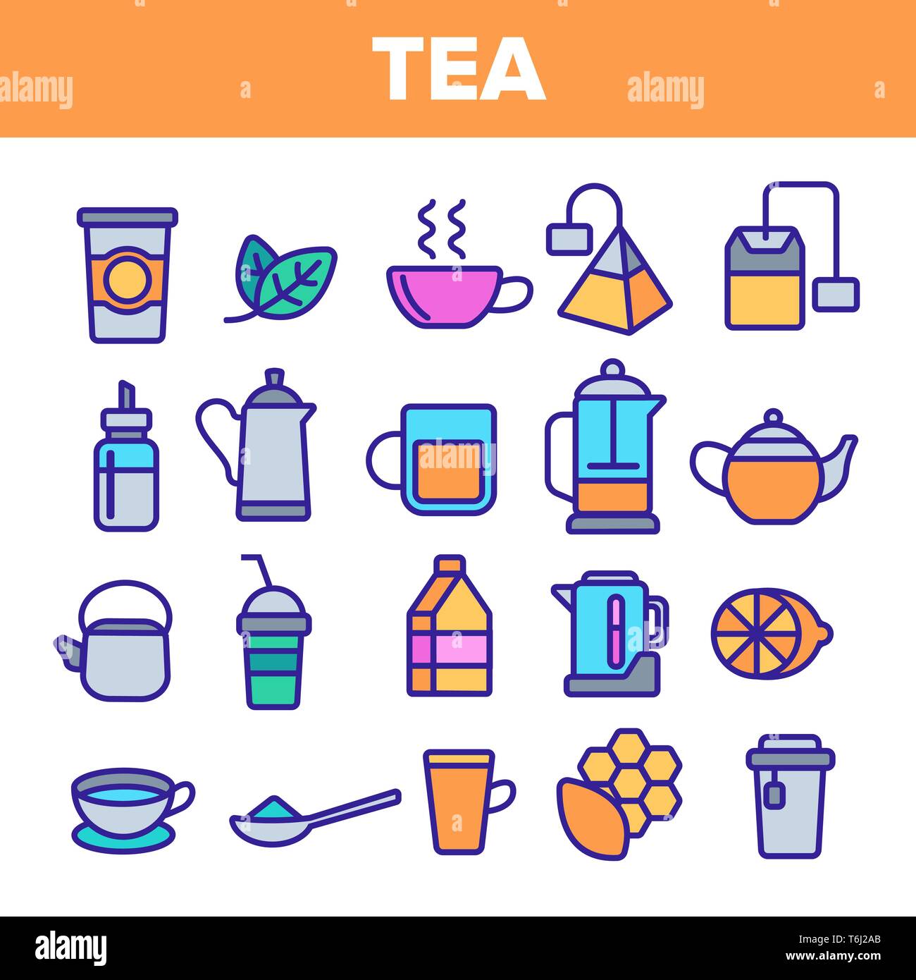 Tea Line Icon Set Vector. Restaurant Label Design. Tea Drink Icons ...
