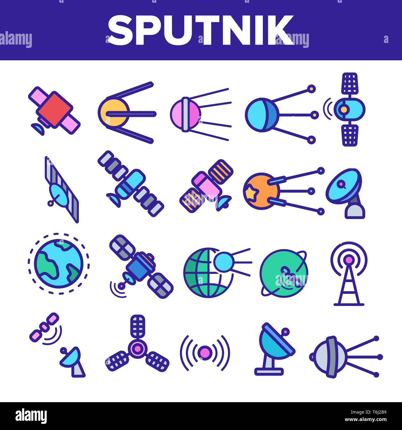 Orbital Sputnik Linear Vector Icons Set. Sputnik Thin Line Contour Symbols. Cosmos Exploration, Astronautics Pictograms Collection. Satellite Dish, Sp Stock Vector
