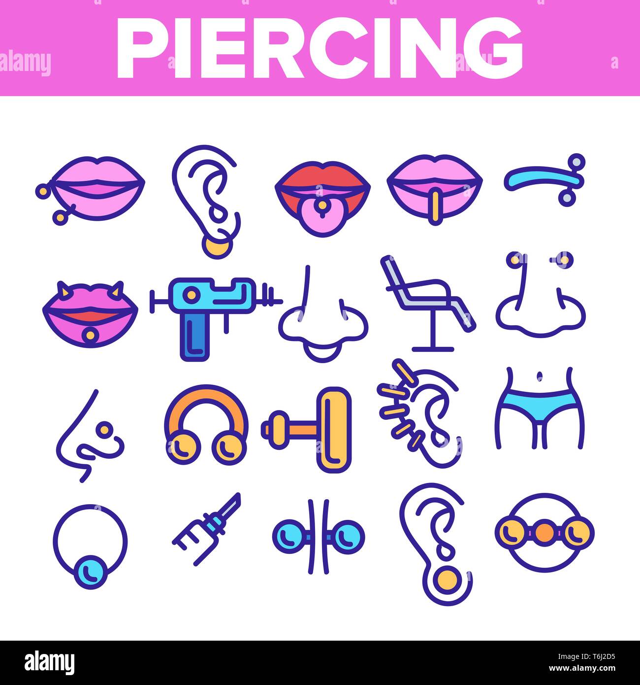 Piercing Salon Theme Linear Vector Icons Set. Piercing Earrings, Ball closure Ring Symbols Pack. Stainless Steel Jewelry Pictograms. Professional Tool Stock Vector