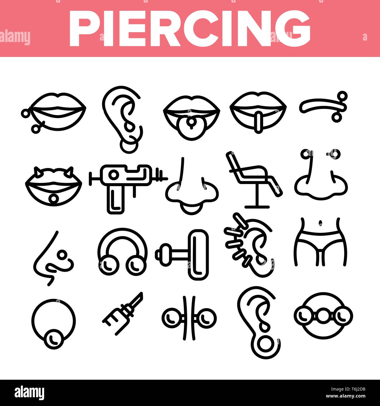 Piercing Salon Theme Linear Vector Icons Set. Piercing Earrings, Ball closure Ring Symbols Pack. Stainless Steel Jewelry Pictograms . Professional Too Stock Vector