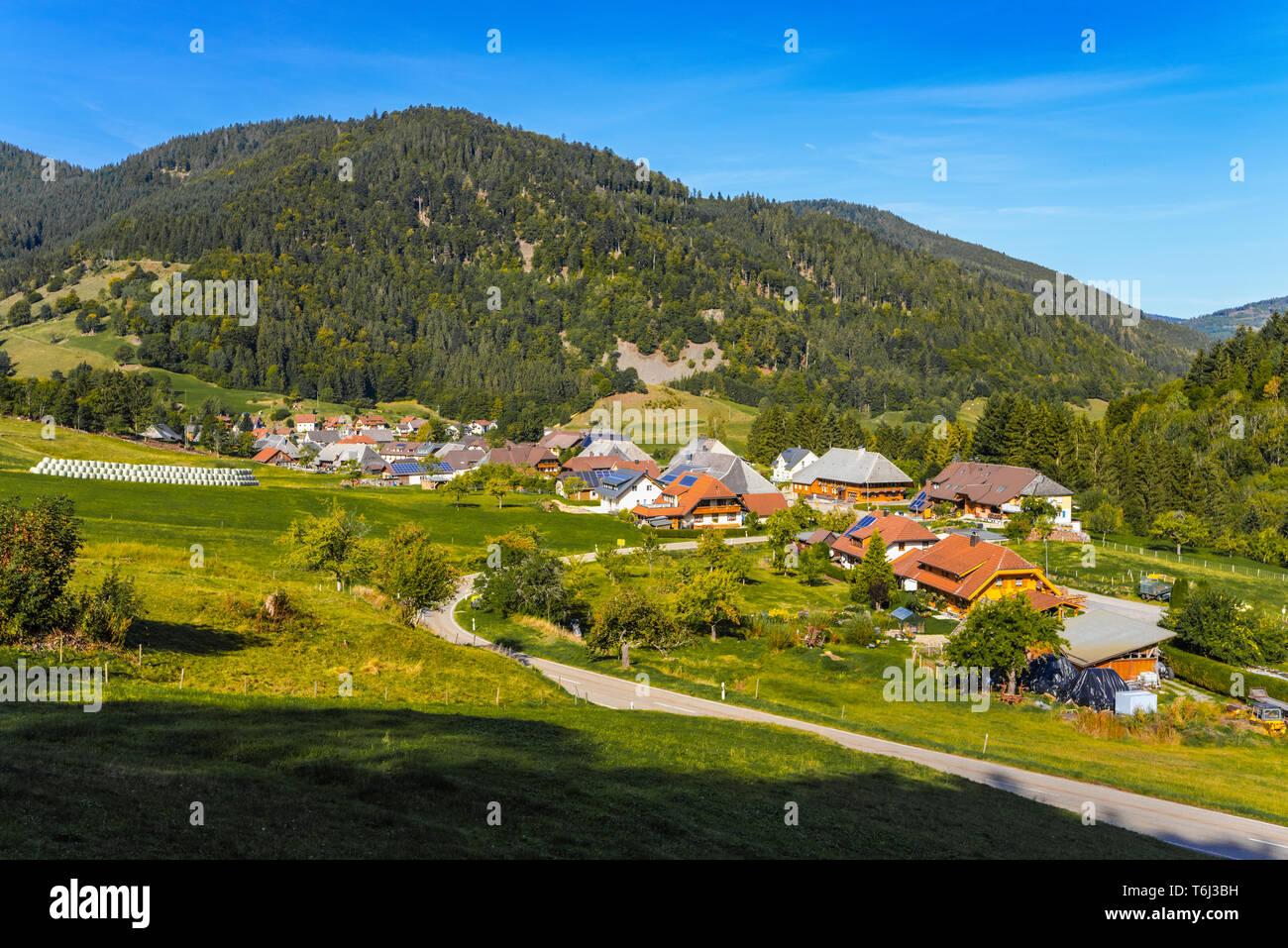 glacial cirque of the village Präg, Germany, southern Black Forest, rural landscape with hamlet, lush green meadows and wooded hills Stock Photo