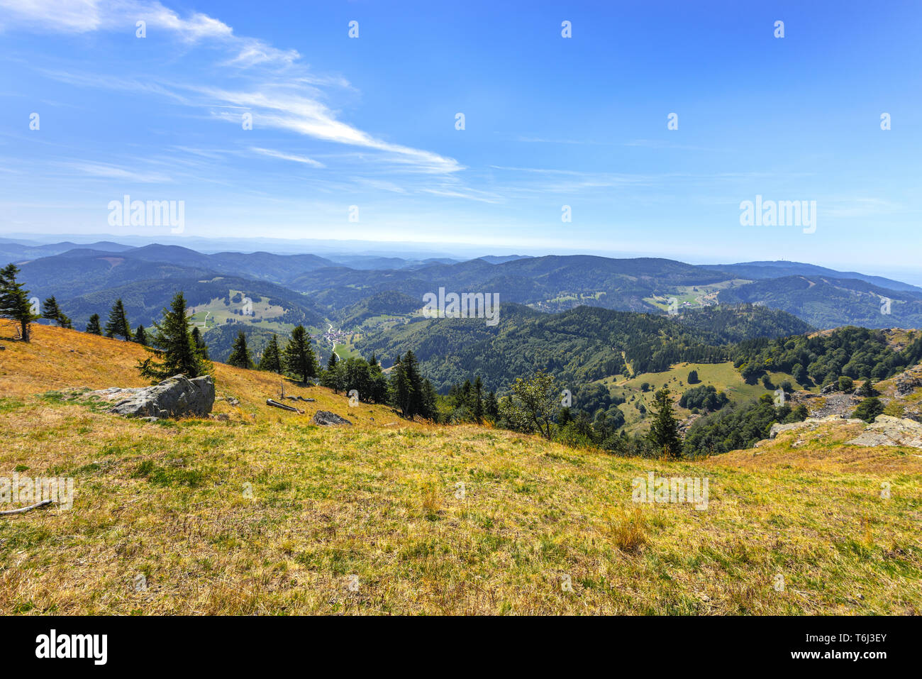 panorama on the hilltop of the mountain Belchen, High Black Forest, Germany, view to Kleines Wiesental and the Alps, district Lörrach Stock Photo