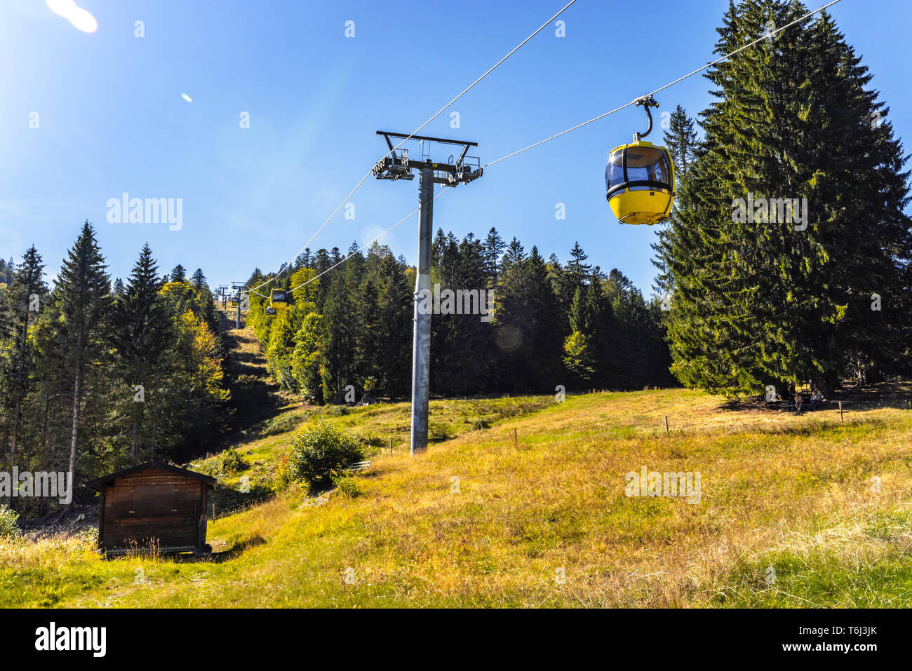 cabine and cable lift of the Mountain Belchen, High Black Forest, Germany, view upwards Stock Photo