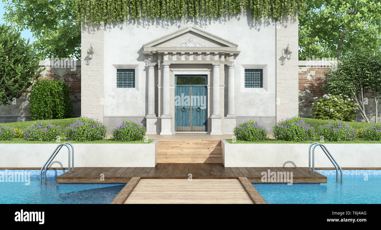 Fron view of a classic villa with luxury garden with large swimming pool - 3d rendering Stock Photo