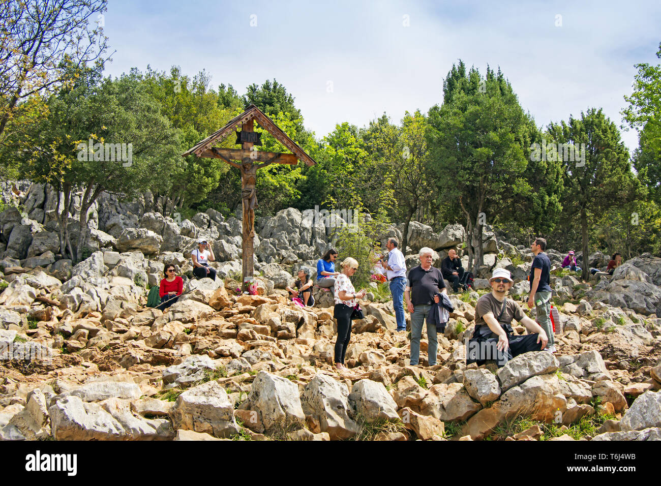MEDJUGORJE, BOSNIA AND HERZEGOVINA - APRIL 21: Apparition hill Podbrdo of the Virgin Mary on April 21, 2019 in Medjugorje, Bosnia and Herzegovina. Stock Photo