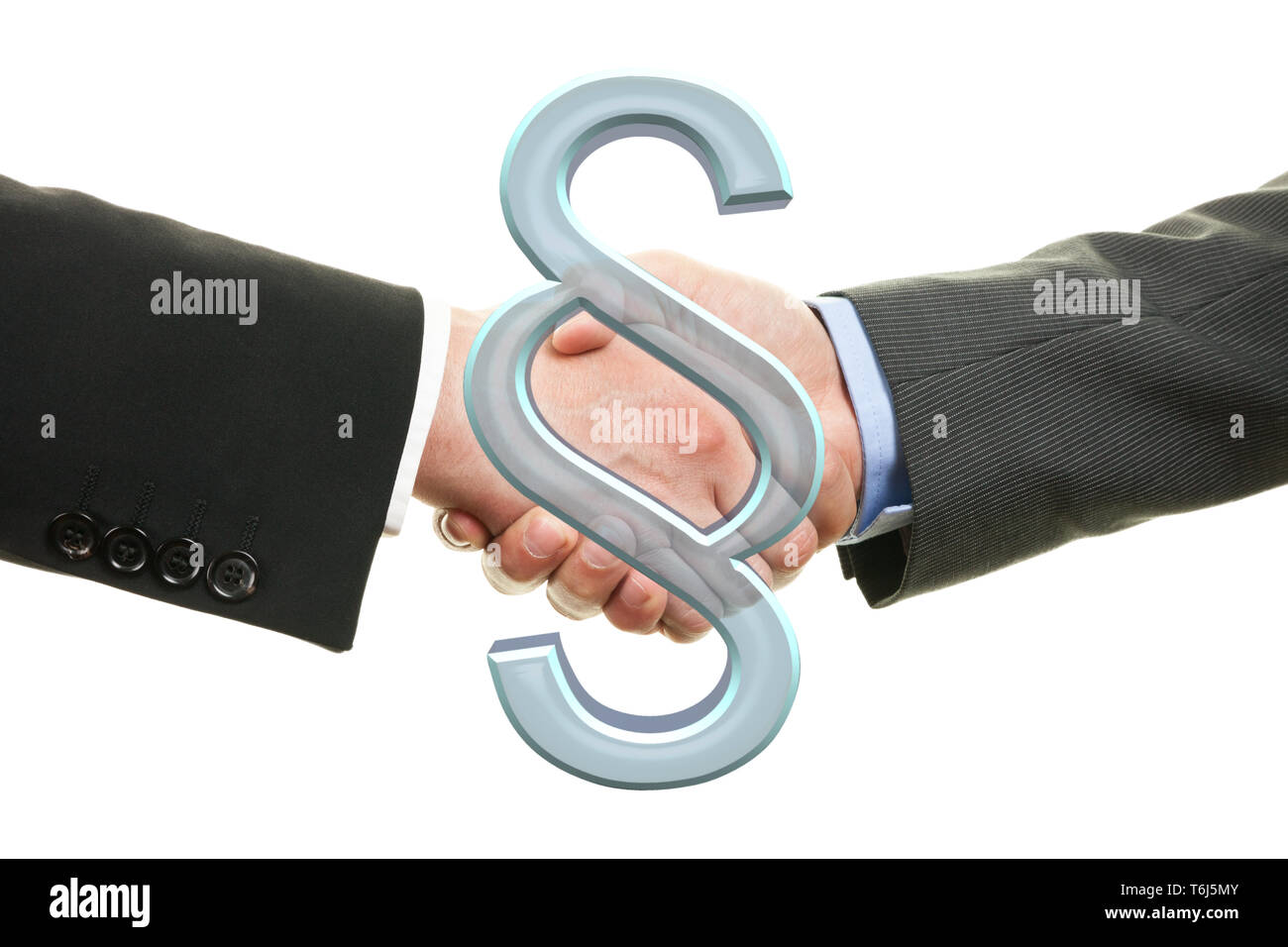 Two lawyers shaking hands - paragraph symbol. Concept for justice. Stock Photo