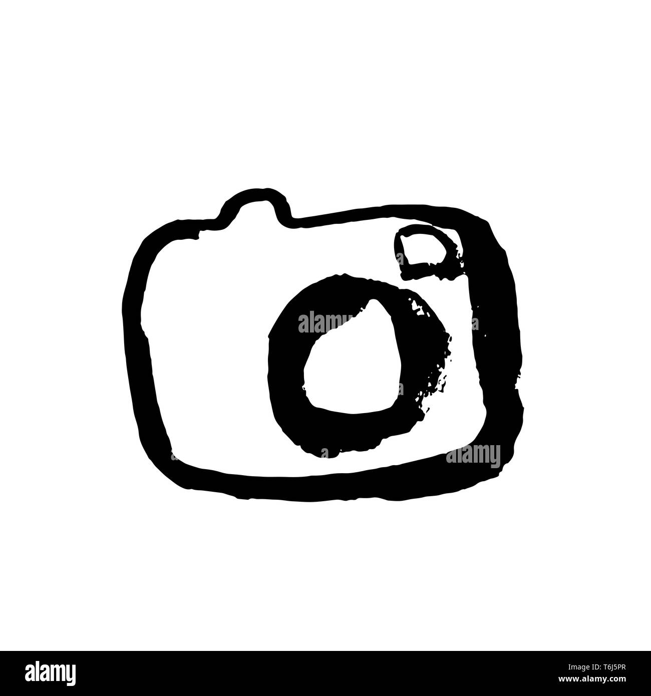 Camera grunge icon. Vector photocamera dry brush illustration. Stock Vector