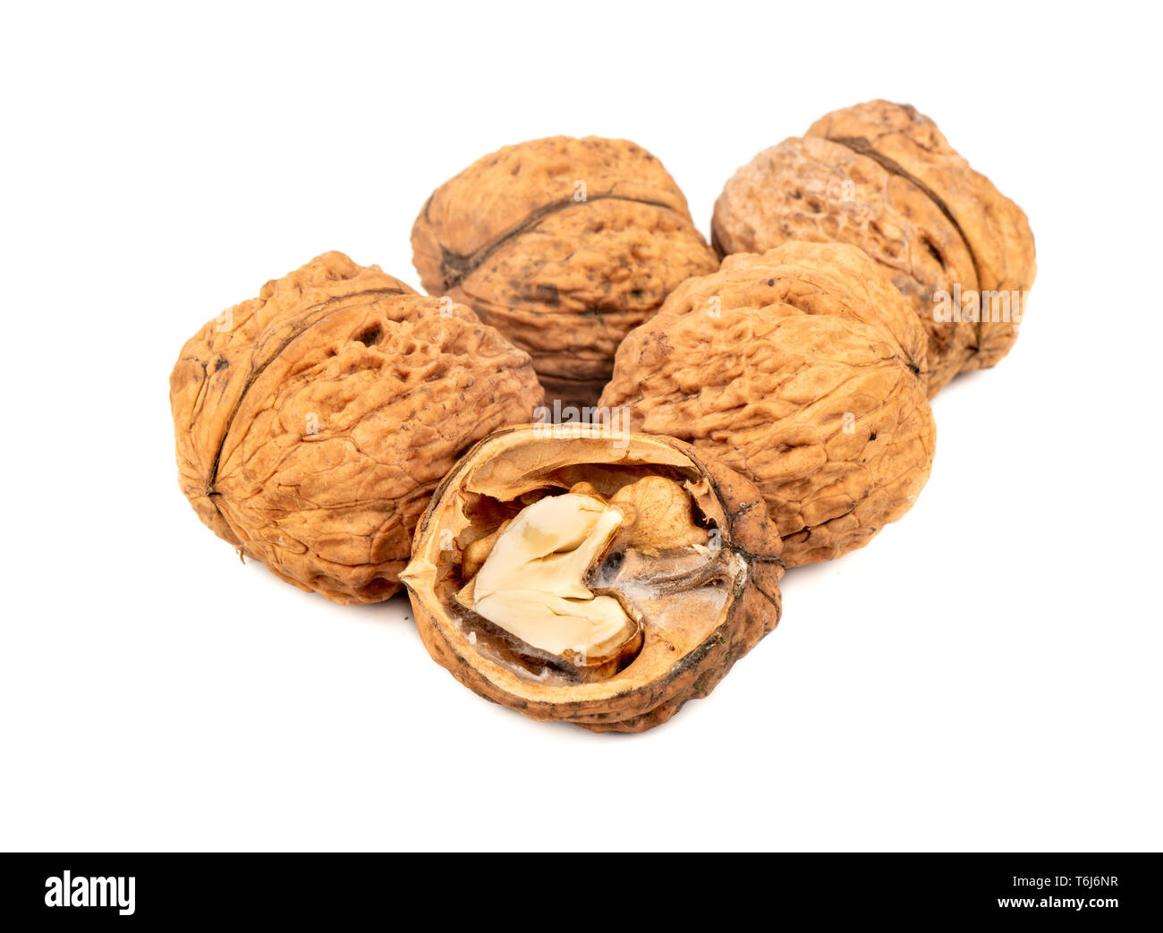 Several large walnuts with a half on a white background Stock Photo