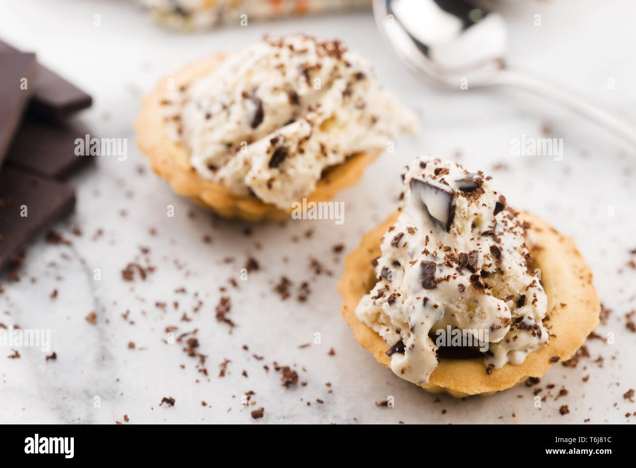 Vanilla ice cream with chocolate chips - straciatella. Fresh, sorbet Stock Photo