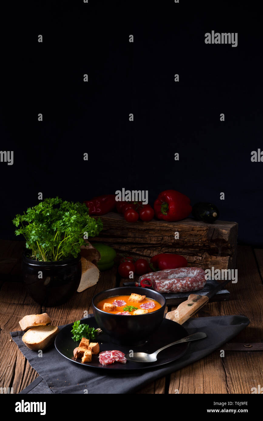 Hungarian paprika cream soup with spicy sausage Stock Photo Alamy