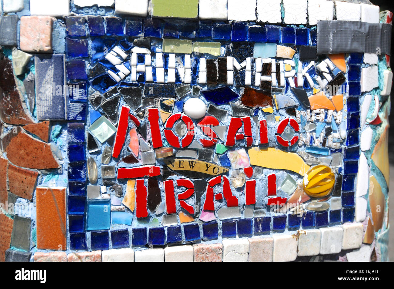 New York City, USA - 12th July 2014 : Picture of a beautiful with the inscription 'Saint Marks Mosaic Trail' sign located in the East Village in Manha Stock Photo