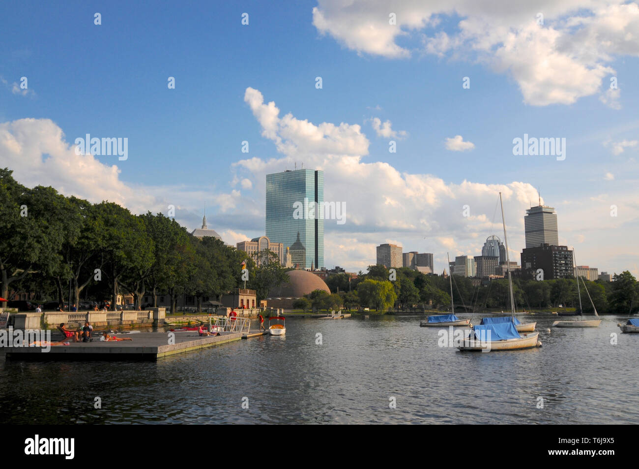 Boston, Massachusetts, USA - 18th July 2014 : Beautiful view of John Hancock Tower and the Charles river on a sunny day Stock Photo