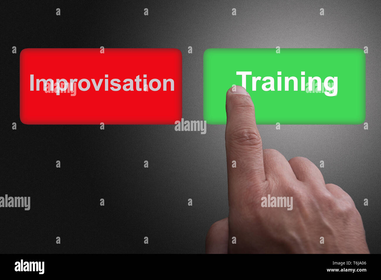 Buttons with written training and improvisation and pointing finger, on a gray gradient background Stock Photo