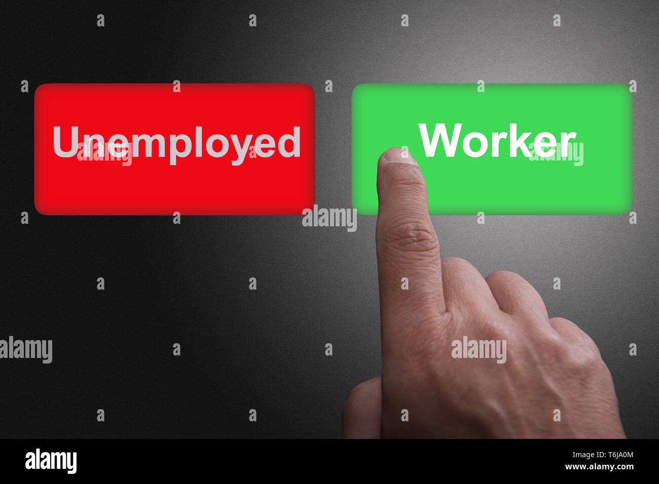 Two Buttons with written Unemployed and Worker and pointing finger, on a gray gradient background Stock Photo