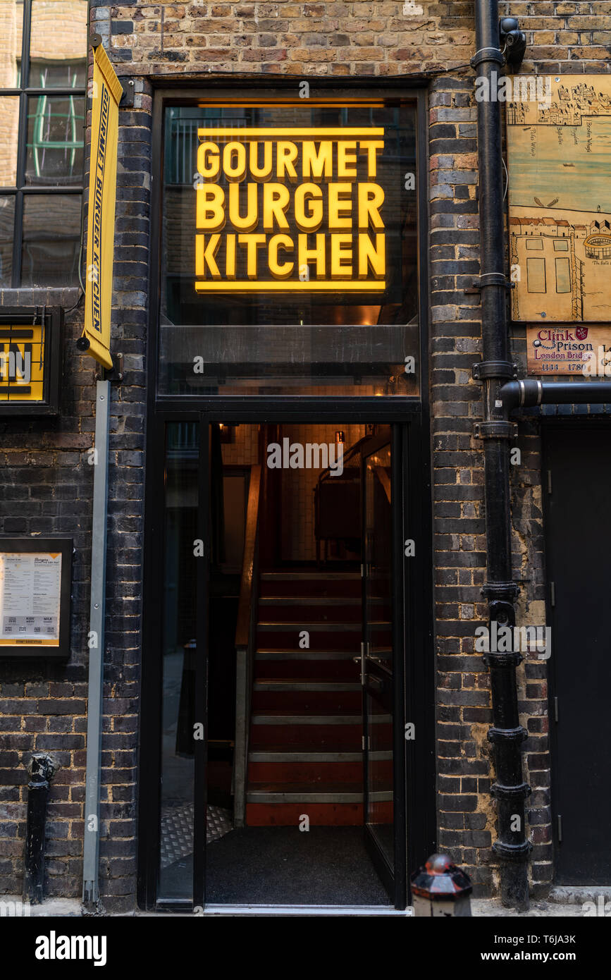 LONDON, UK - APRIL 1, 2019: Gourmet Burger Kitchen, Shopfront, Entrance, Restaurant in London Stock Photo