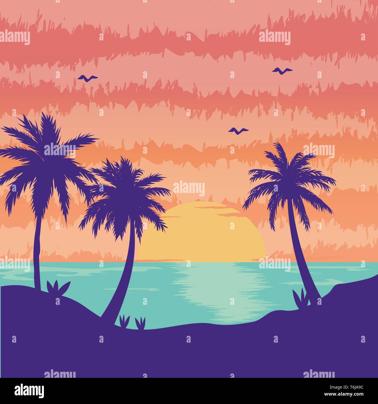 Vector Illustration of a tropical island sunset Stock Vector Image ...