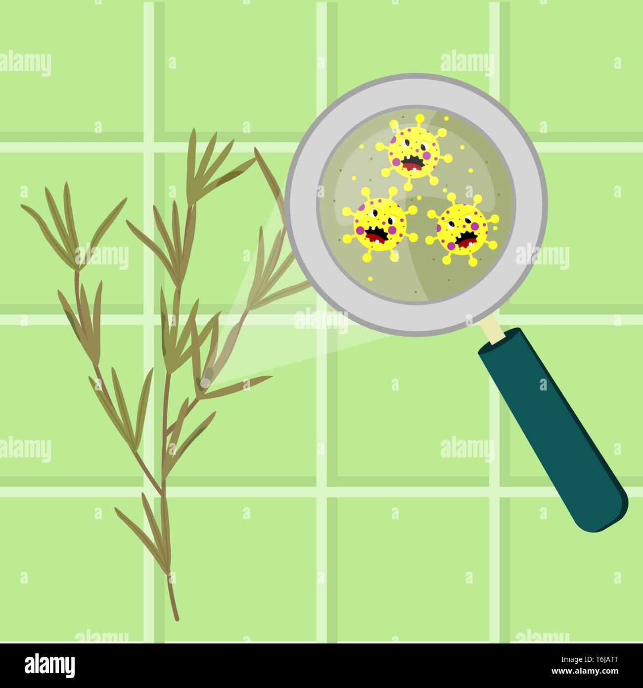 Rosemary branch contaminated with cartoon microbes. Microorganisms, virus and bacteria in the vegetable enlarged by a magnifying glass. Angry microbes Stock Vector