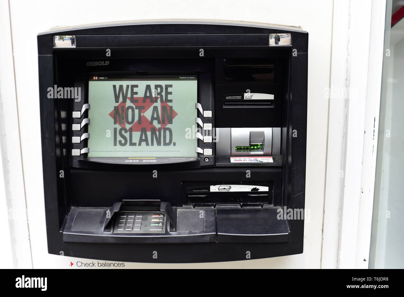 London, UK. 1st May, 2019. HSBC Brexit cash point machine 'We are not a island' Credit: Van Quan/Alamy Live News Stock Photo