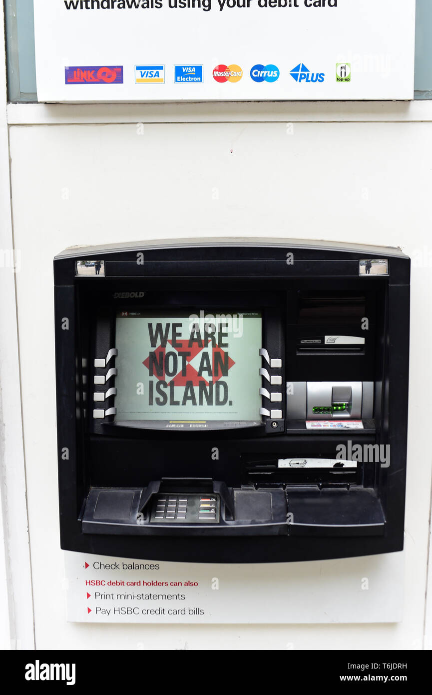 London, UK. 1st May, 2019. HSBC Brexit cash point machine 'We are not a island' Credit: Van Quan/Alamy Live News Stock Photo