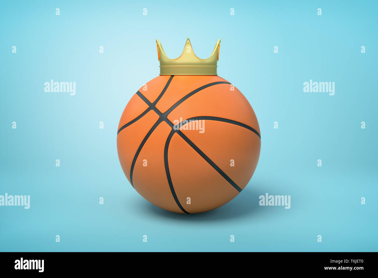 3d close-up rendering of basketball with small golden crown on top on light-blue background. Stock Photo