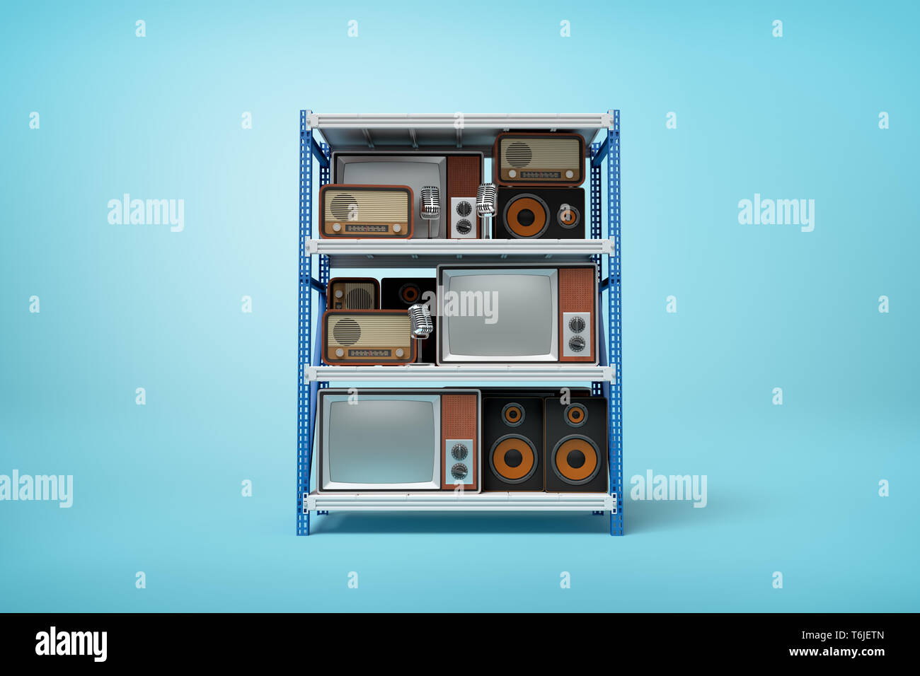3d rendering of old retro radio and tv sets on silver blue metal rack shelves on blue background Stock Photo